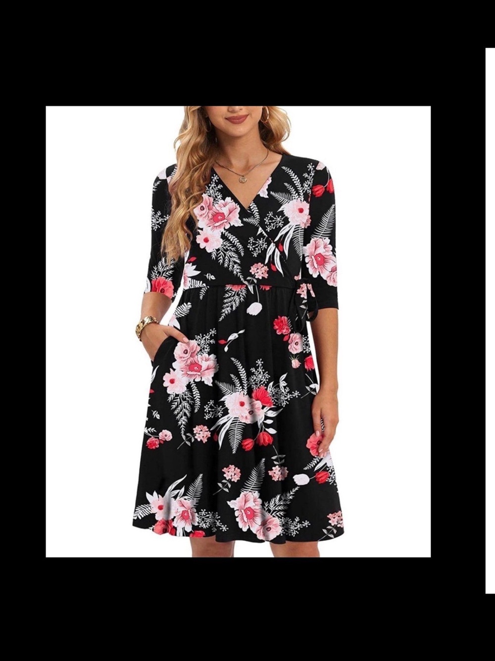 Black Floral Wrap Midi Dress with Pink Accents
